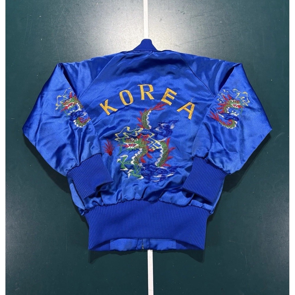 Vintage 60s 70s Korea Sukajan Souvenir Jacket Blue Satin Embroidered Toddler 4T